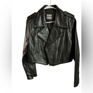 Highway One cropped moto jacket, genuine leather